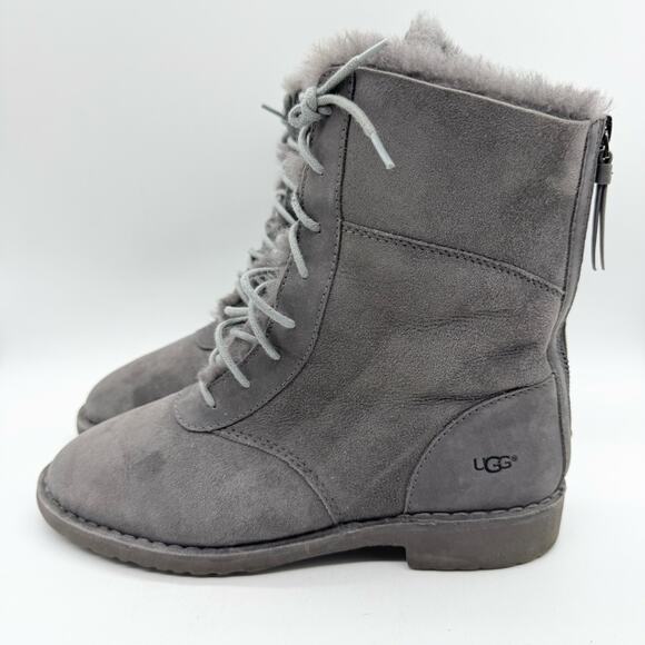 UGG Daney Lace Up Shearling Sheepskin Suede High Top Combat Boots Grey Size 8.5 - Picture 7 of 13